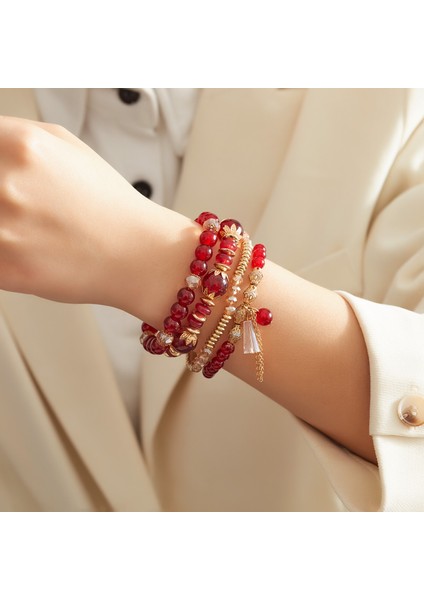 MHM-05-01-017 4 Adet Set Bohem Kristali Püskül Çok Katmanlı Elastik Halat Bilezik, El Yapımı Boncuklu Bilezik, Kadın Moda Aksesuarları (Yurt Dışından) indirimleri