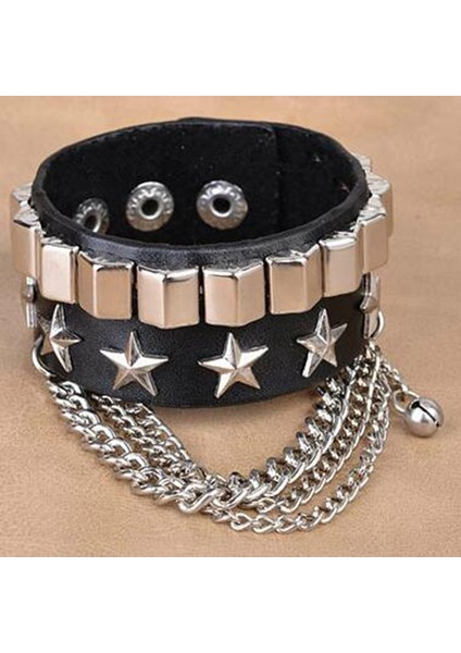 Kırmızı Kull Perçin Hip-Hop Hip Rock Bileklik Çok Katmanlı Deri Metal Pentagram Bileklik Eldeki Erkek Geniş Zincirli Bileklik (Yurt Dışından) modelleri