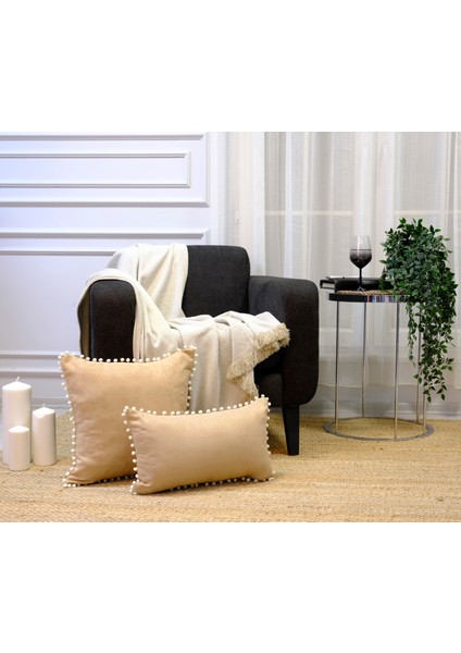 2'li Kadife Dokulu Ponponlu Kırlent Kılıfı Bej fırsatları