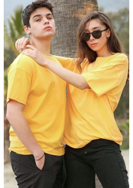 2li Sarı Pamuk Örme Oversize Sevgili Çift Kombini T-Shirt
