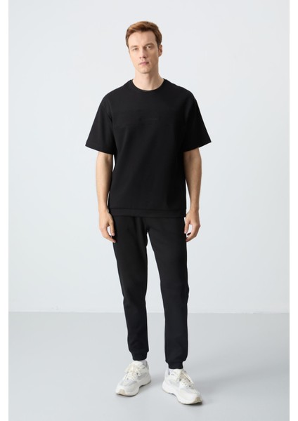 Siyah Pamuklu Kalın Yumuşak Dokulu Oversize Fit Basic Erkek Eşofman Takım - 85261