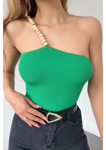 Straplez Ahşap Boncuk Askılı Triko Crop DFL4021