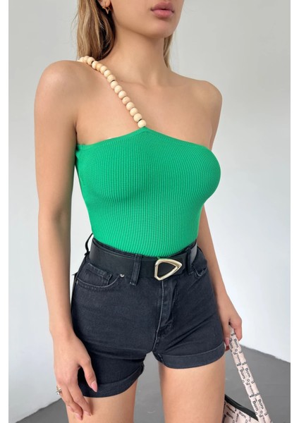 Straplez Ahşap Boncuk Askılı Triko Crop DFL4021