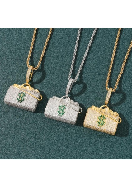 Gümüş Nefis Parlak Dolar Cüzdan Mikro Kakma Zirkon Hip Hop Kolye Moda Kişilik Trendy Hiphop Rap Kolye Takı Hediye (Yurt Dışından)