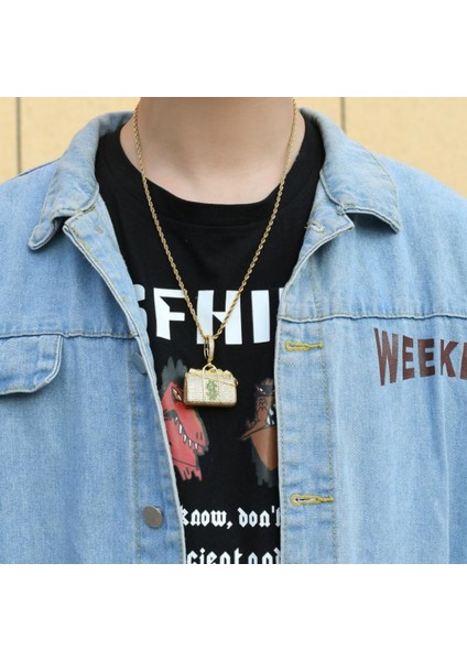 Gümüş Nefis Parlak Dolar Cüzdan Mikro Kakma Zirkon Hip Hop Kolye Moda Kişilik Trendy Hiphop Rap Kolye Takı Hediye (Yurt Dışından)
