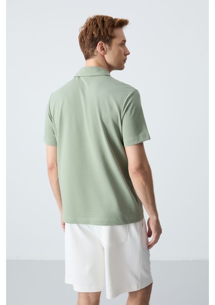 Açık Yeşil Basic Göğüs Logolu Standart Kalıp Triko Polo Yaka Erkek T-Shirt - 87768