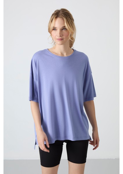 Açık Eflatun Penye Modal Yumuşak Tuşeli Oversize Fit Basic Kadın T-Shirt- 97285