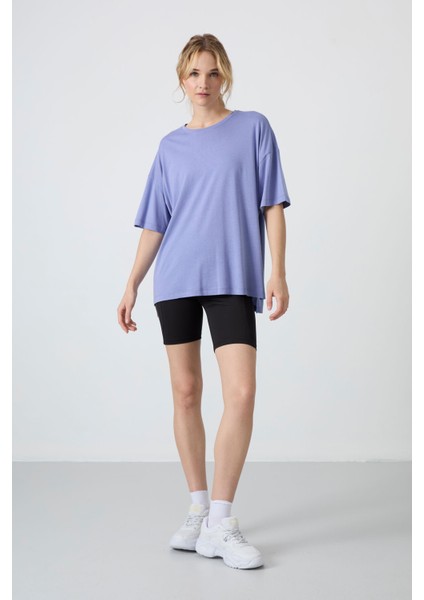 Açık Eflatun Penye Modal Yumuşak Tuşeli Oversize Fit Basic Kadın T-Shirt- 97285