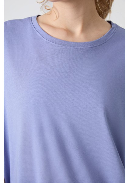 Açık Eflatun Penye Modal Yumuşak Tuşeli Oversize Fit Basic Kadın T-Shirt- 97285