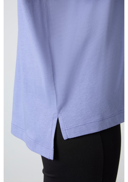 Açık Eflatun Penye Modal Yumuşak Tuşeli Oversize Fit Basic Kadın T-Shirt- 97285