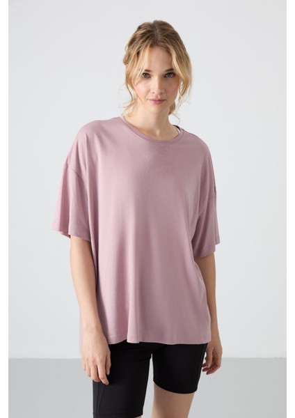 Gül Kurusu Penye Modal Yumuşak Tuşeli Oversize Fit Basic Kadın T-Shirt- 97285