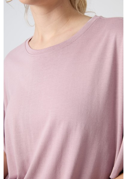 Gül Kurusu Penye Modal Yumuşak Tuşeli Oversize Fit Basic Kadın T-Shirt- 97285