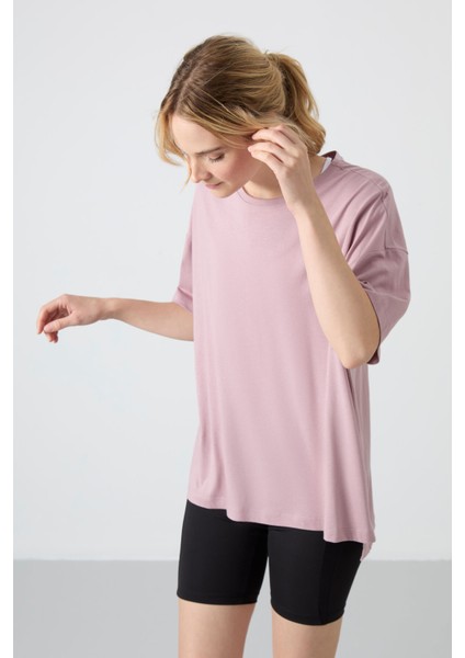 Gül Kurusu Penye Modal Yumuşak Tuşeli Oversize Fit Basic Kadın T-Shirt- 97285
