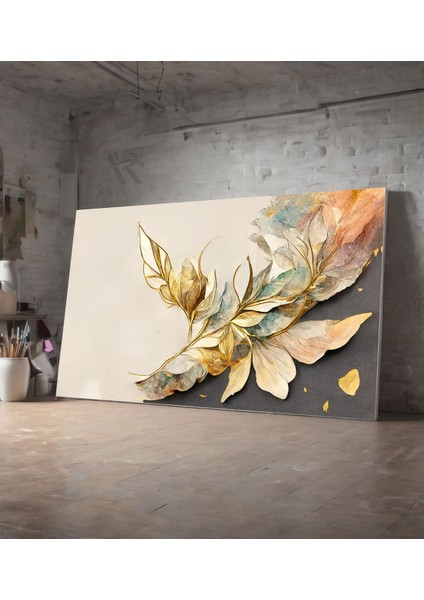 Çiçekler Altın Gri Yarım Dekoratif Kanvas Tablo modelleri