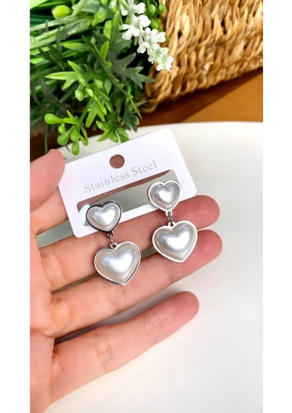 Gümüş / Silver Renk Inci Boncuklu Kalp Şekilli Çelik Küpe fiyatları