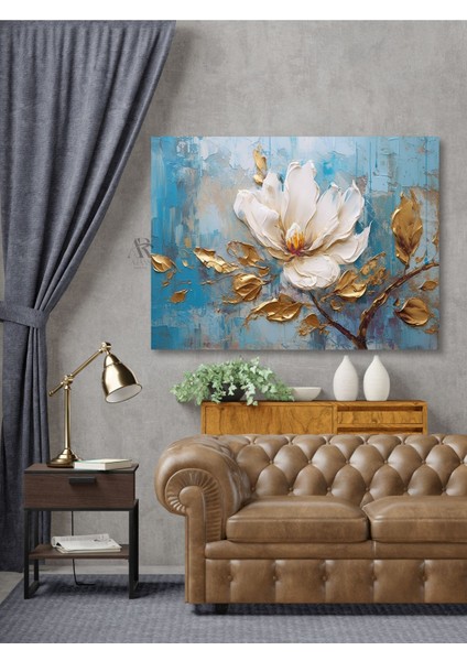 Mavi Tabanlı Beyaz Çiçek Dekoratif Kanvas Tablo