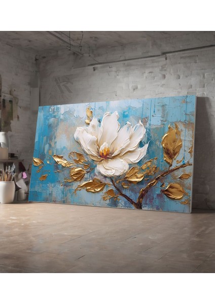 Mavi Tabanlı Beyaz Çiçek Dekoratif Kanvas Tablo fiyatları