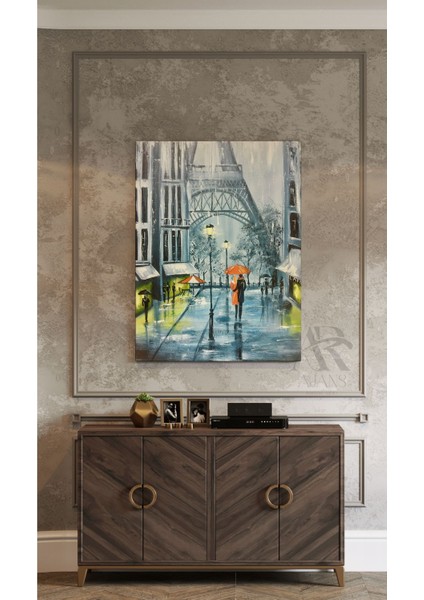 Paris Sokakları Yağmurda Yürüyen Çift Dekoratif Kanvas Tablo modelleri