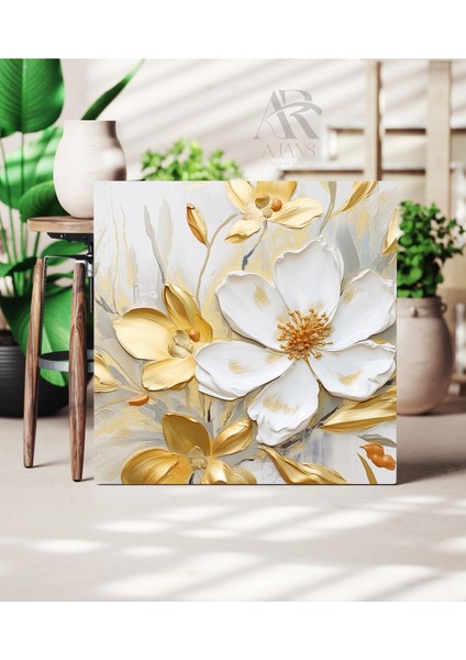 Gold Yaprak Beyaz Çiçek Karmaşık Dekoratif Kanvas Tablo