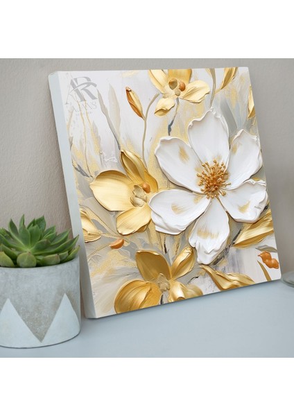 Gold Yaprak Beyaz Çiçek Karmaşık Dekoratif Kanvas Tablo fiyatları