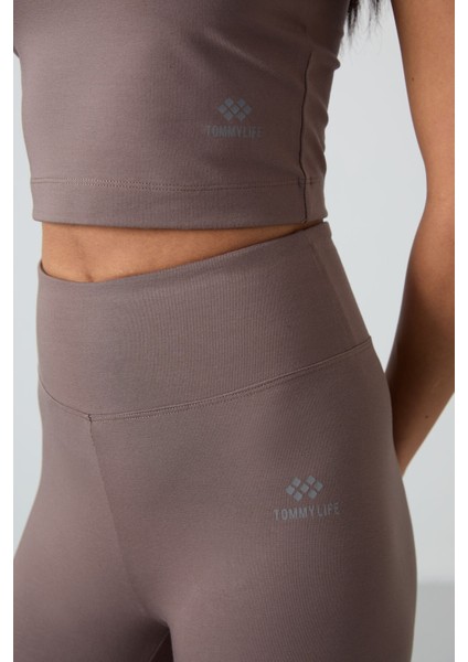 Kahverengi Yüksek Bel Kapri-Crop Atlet Slim Fit Kadın Tayt Takım - 95284 modelleri
