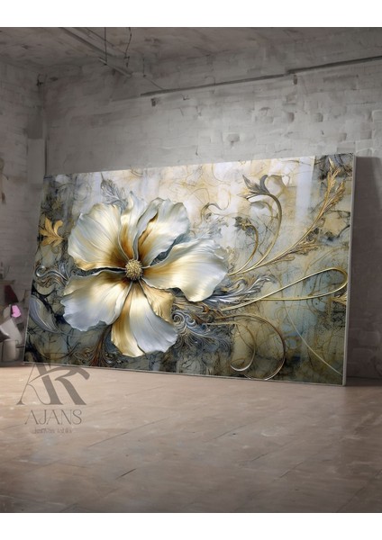 Mermer Detaylı Gold Manolya Dekoratif Kanvas Tablo