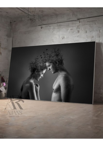 Çift Tasarım Gri Tonlarında Kadın- Erkek Dekoratif Kanvas Tablo