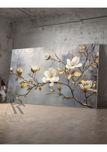Altın Dallar ve Beyaz Çiçekler Dekoratif Tablo