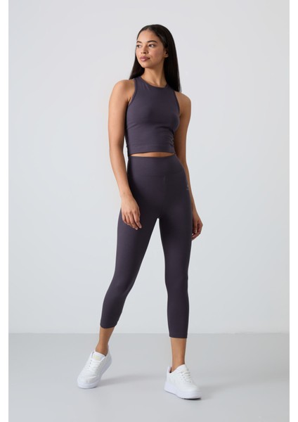 Antrasit Yüksek Bel Kapri-Crop Atlet Slim Fit Kadın Tayt Takım - 95284