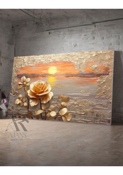 Göl Kenarında Güller Dekoratif Yağlı Boya Görünümlü Kanvas Tablo