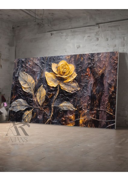 Sarı Gül Yağlı Boya Görünümlü Dekoratif Çiçek Kanvas Tablo