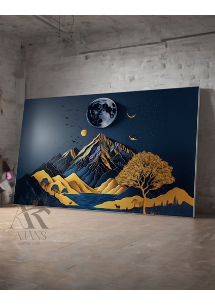 Ay Görüntüsü Gold Detaylı Soyut Kanvas Tablo