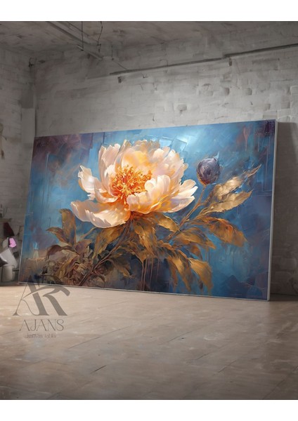 Mavi Tonlarında Beyaz Çiçek Yağlı Boya Görünümlü Kanvas Tablo