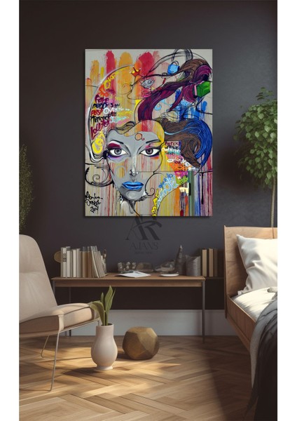 Fırça Renkli Çizim Kadın Yüzü Kanvas Tablo