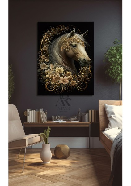 Gold Çiçeklerle Süslenmiş Soyut At Kanvas Tablo