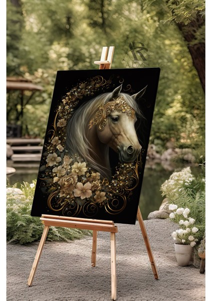Gold Çiçeklerle Süslenmiş Soyut At Kanvas Tablo fiyatları