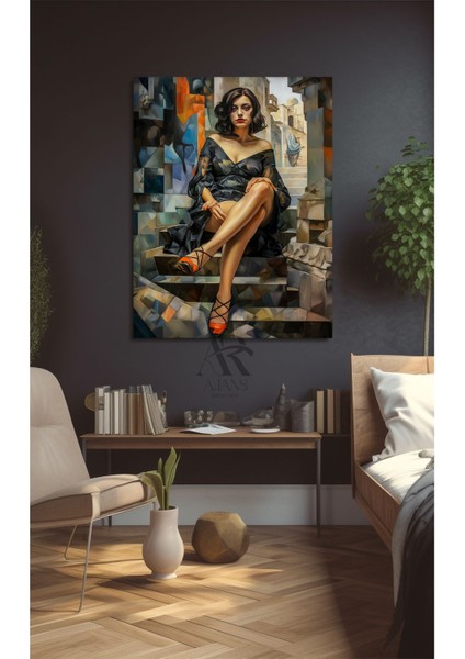 Çizgsel Detaylı Merdivende Oturan Kadın Kanvas Tablo
