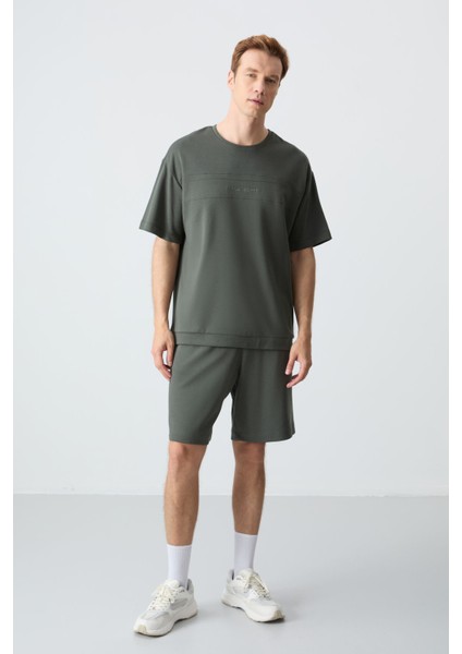 Haki Pamuklu Kalın Yumuşak Dokulu Oversize Fit Basic Erkek Şort Takım - 85257