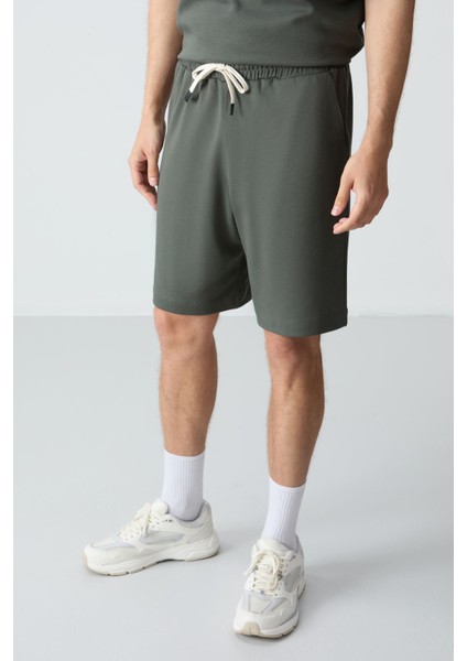 Haki Pamuklu Kalın Yumuşak Dokulu Oversize Fit Basic Erkek Şort Takım - 85257