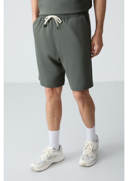 Haki Pamuklu Kalın Yumuşak Dokulu Oversize Fit Basic Erkek Şort Takım - 85257