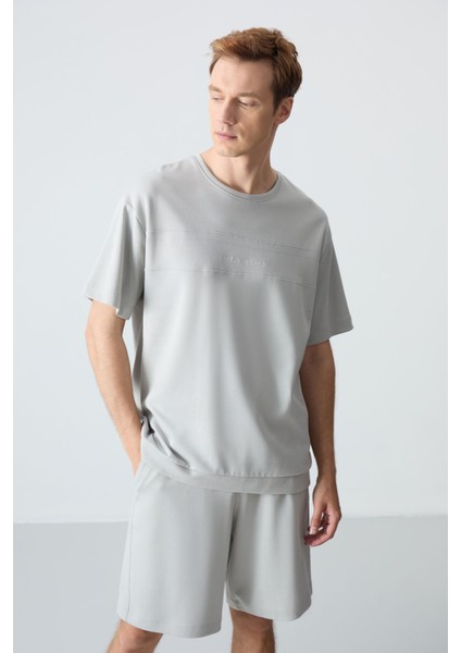 Taş Pamuklu Kalın Yumuşak Dokulu Oversize Fit Basic Erkek Şort Takım - 85257