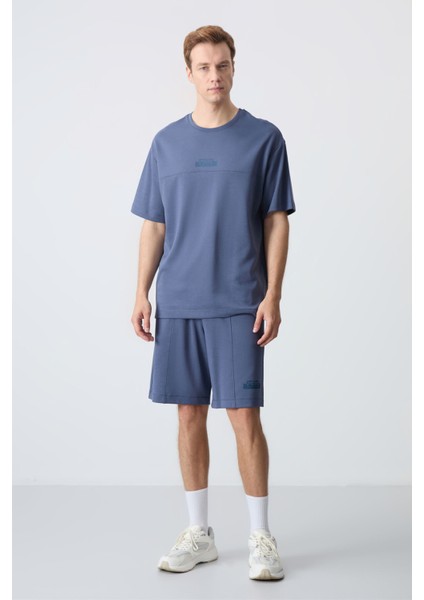 Petrol Pamuklu Kalın Yumuşak Dokulu Oversize Fit Basic Erkek Şort Takım - 85259