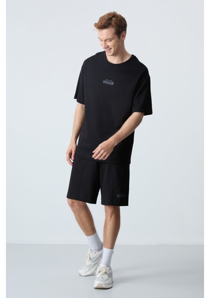 Siyah Pamuklu Kalın Yumuşak Dokulu Oversize Fit Basic Erkek Şort Takım - 85259