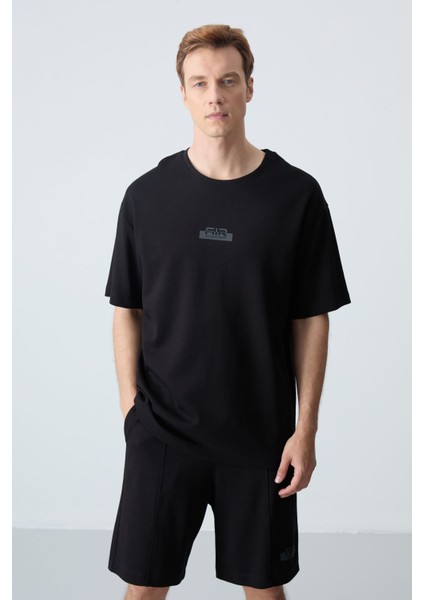 Siyah Pamuklu Kalın Yumuşak Dokulu Oversize Fit Basic Erkek Şort Takım - 85259