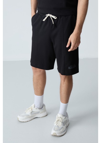 Siyah Pamuklu Kalın Yumuşak Dokulu Oversize Fit Basic Erkek Şort Takım - 85259