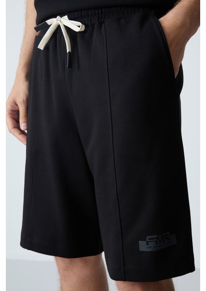 Siyah Pamuklu Kalın Yumuşak Dokulu Oversize Fit Basic Erkek Şort Takım - 85259