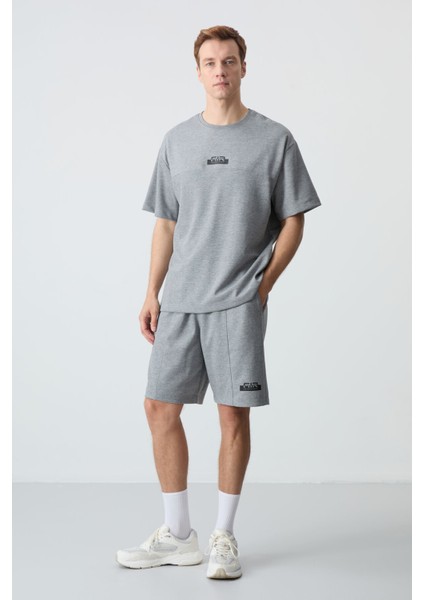 Gri Melanj Pamuklu Kalın Yumuşak Dokulu Oversize Fit Basic Erkek Şort Takım - 85259