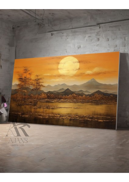 Dağlar Güneş ve Göl Dekoratif Görsel Kanvas Tablo