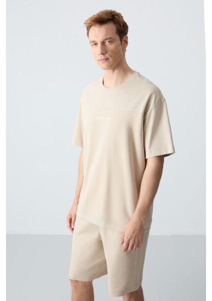 Bej Pamuklu Kalın Yumuşak Dokulu Comfort Fit Basic Erkek Şort Takım - 85257