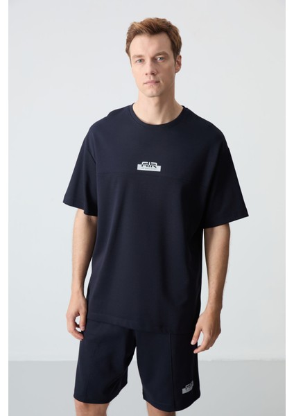 Lacivert Pamuklu Kalın Yumuşak Dokulu Oversize Fit Basic Erkek Şort Takım - 85259